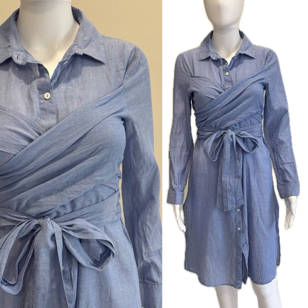 Mango Casual Chambray Denim Button Down Shirt Dress Size 4 Small Wrap Belt Tie